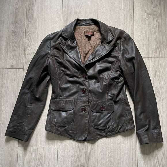 Danier Blazer Leather Jacket Women's Black Size S-P Button Front Pockets Lined